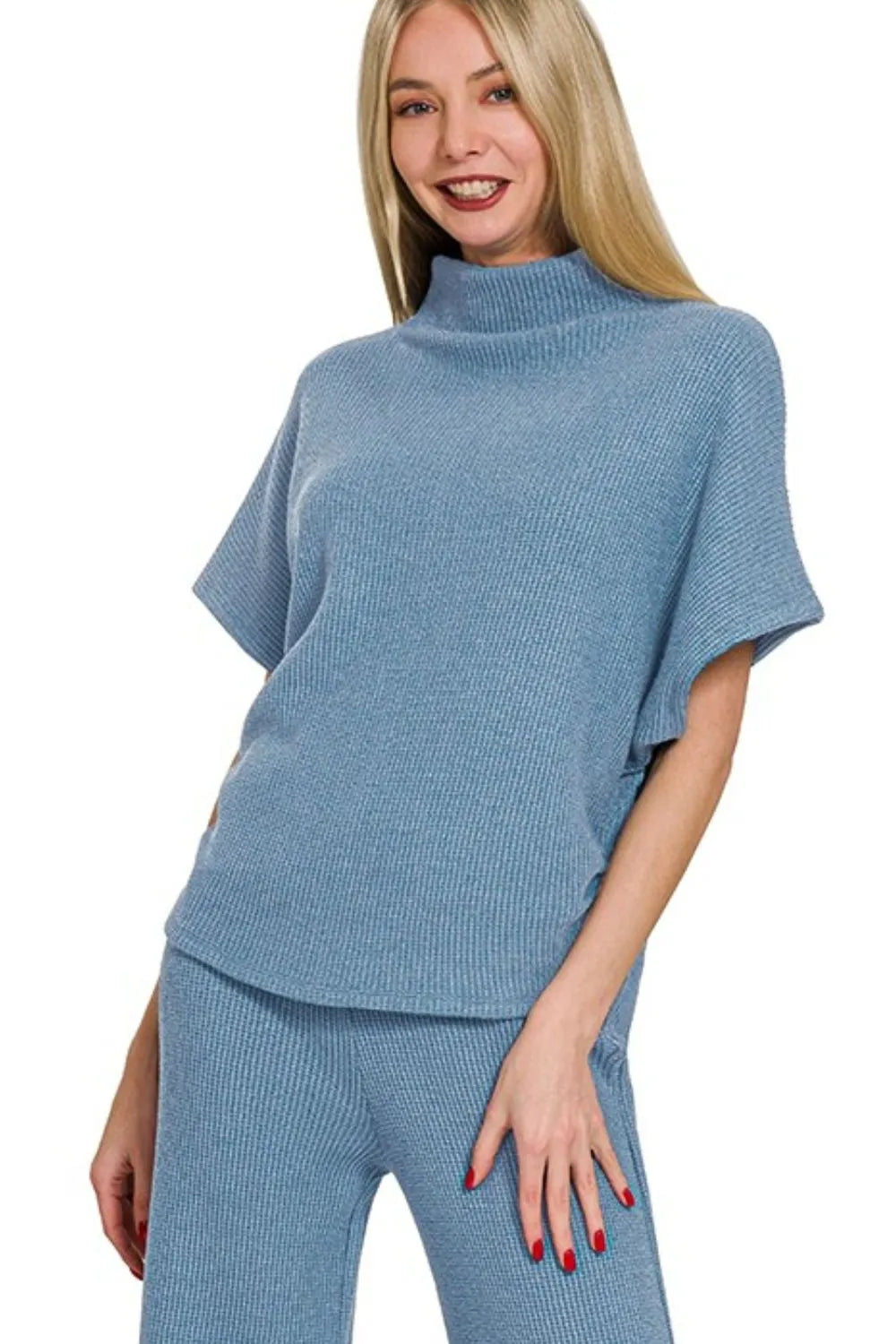 Zenana Dusty Blue Sweater Mock Neck Top & Long Pants Set