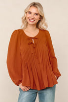Haptics Rust Scoop Neck Solid Blouse with Ribbon Bow Detail