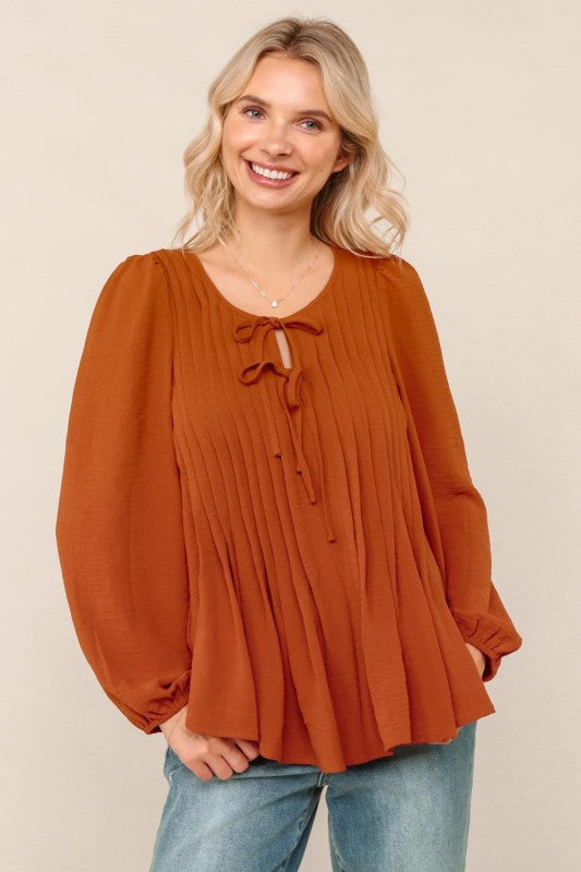 Haptics Rust Scoop Neck Solid Blouse with Ribbon Bow Detail
