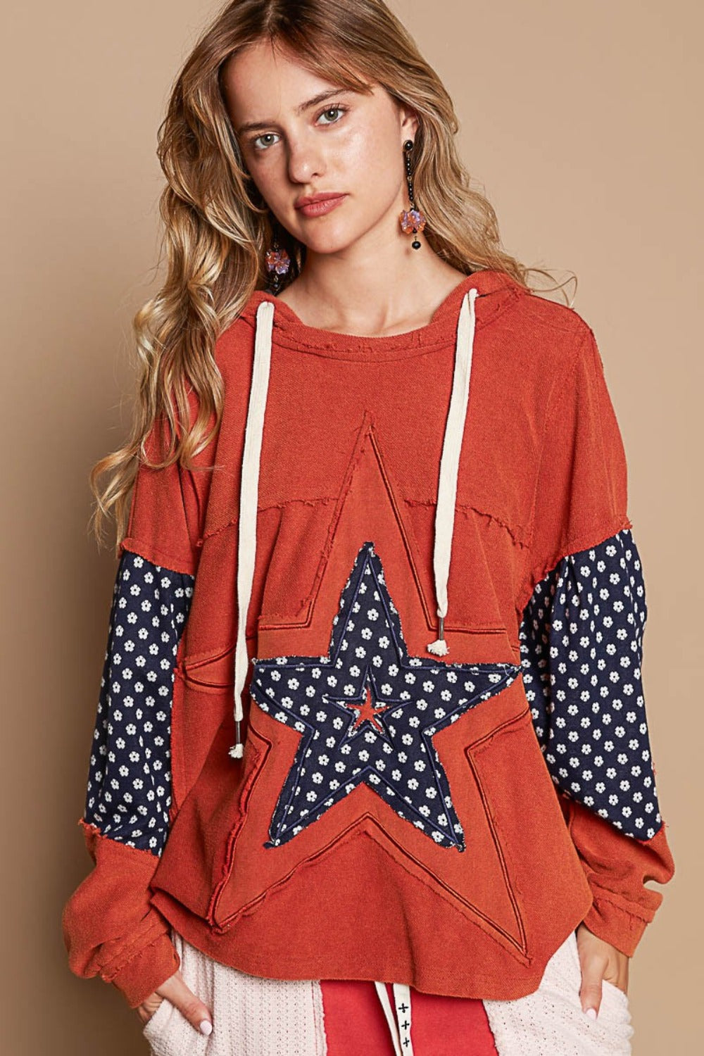 POL Star Patchwork Raw Edge French Terry Hoodie in Orange Brick Orange Brick Trendsi