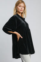 Umgee Black Velvet Beaded Button Up Half Sleeve Tunic