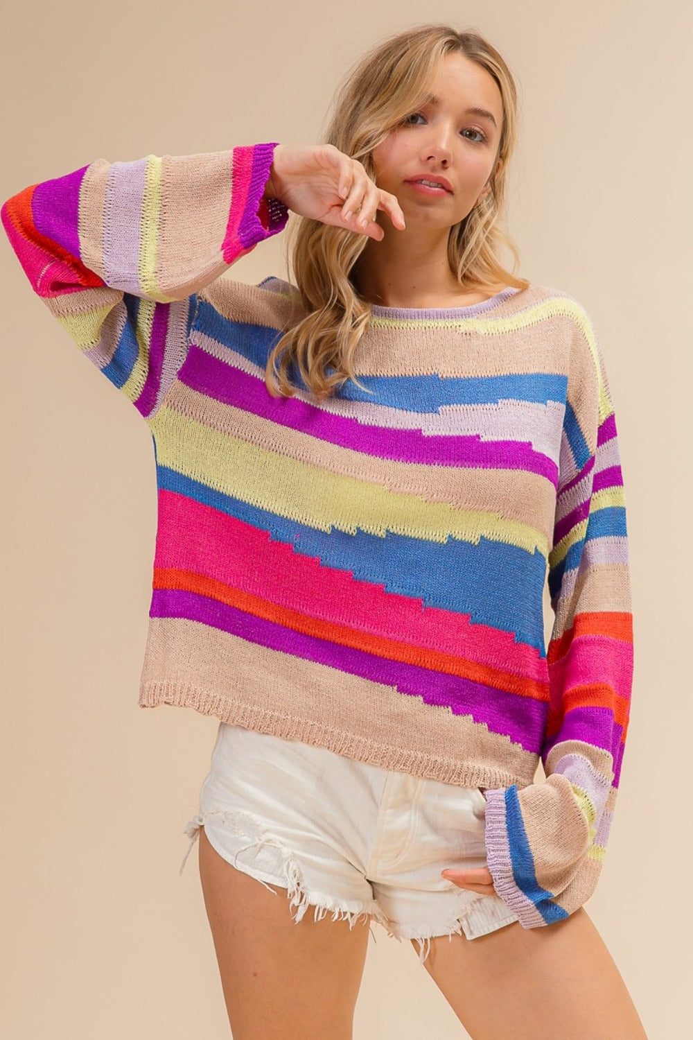 BiBi Multi Color Geometric Stripe Sweater Trendsi