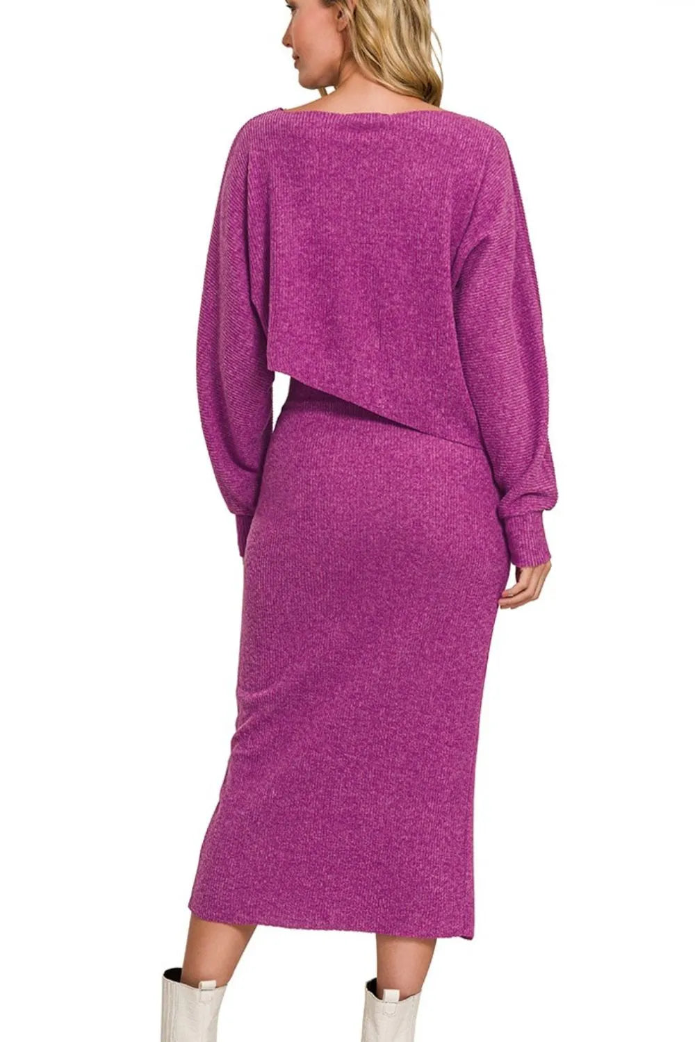 Zenana Light Plum Ribbed Asymmetric Hem and Sleeve Top & Skirt Sweater Set