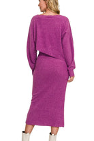 Zenana Light Plum Ribbed Asymmetric Hem and Sleeve Top & Skirt Sweater Set