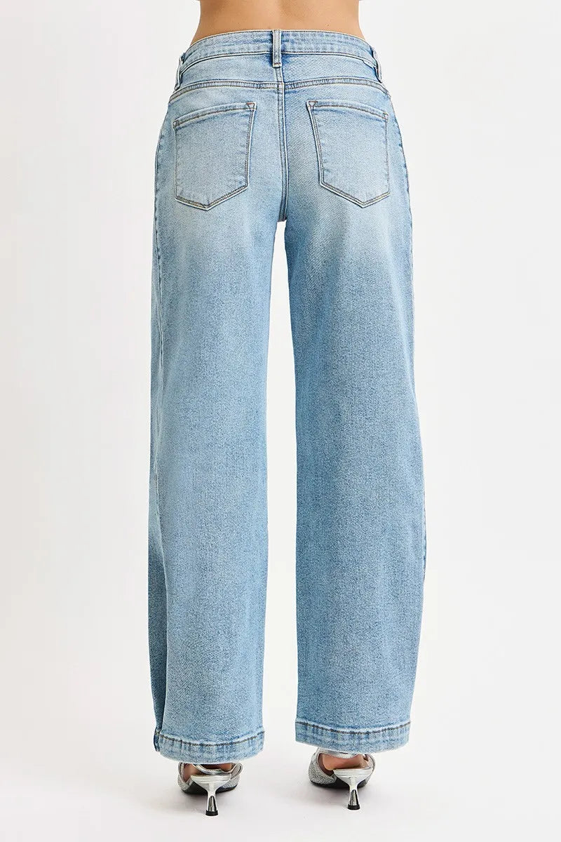 RISEN Medium Washed Mid Rise Wide Barrel Transferable Leg Snap Jeans