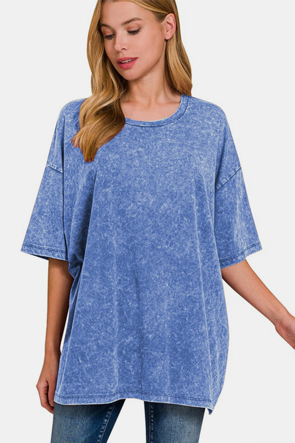 Zenana Blue Washed Round Neck Drop Shoulder Oversized T-Shirt Blue Shirts & Tops