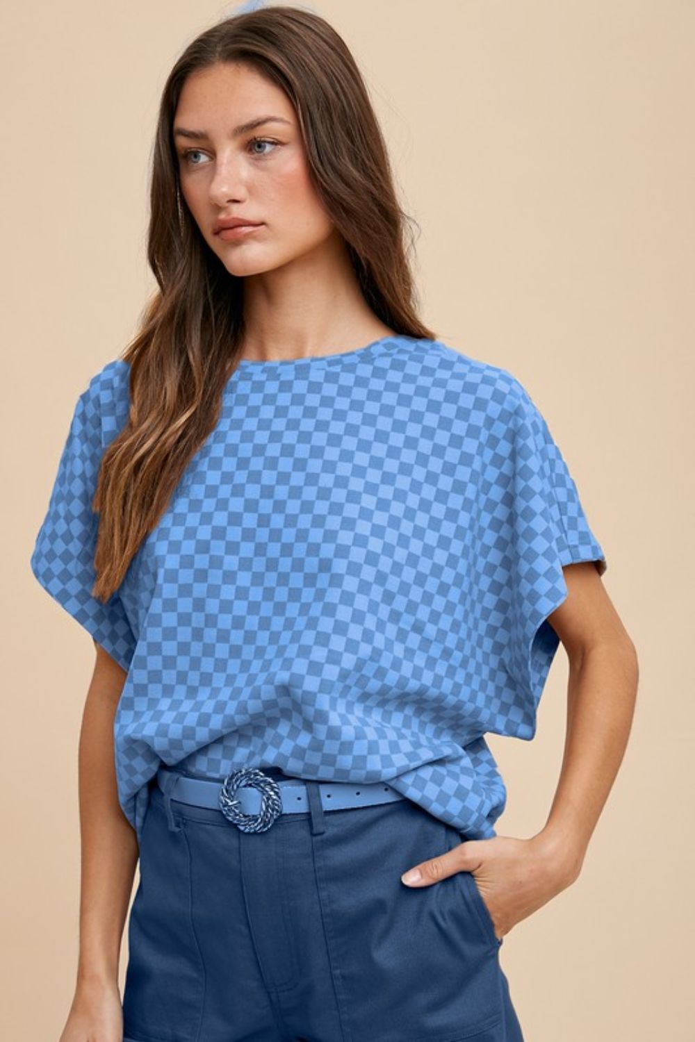 Annie Wear Blue Checkered Round Neck Short Sleeve T-Shirt Blue