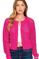 Zenana Hot Pink Button Down Lightweight Crochet Cardigan Sweater HOT PINK