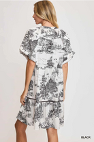 Umgee Black Two Tone Landscape Print Dress with Balloon Sleeves