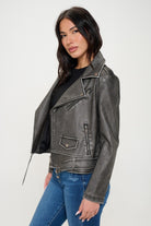 Coalition LA Black Zip Up Biker Vegan Leather Jacket with Belt Black Trendsi