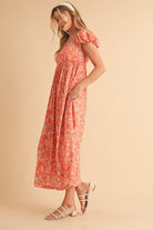 Aemi + Co Coral Cutout Back Floral Square Neck Puff Sleeve Midi Dress