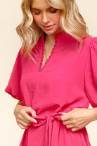 Haptics Fuchsia Notched Neck Balloon Sleeve Sash Belt Mini Dress