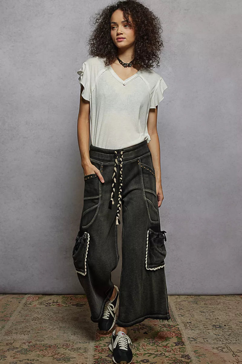 POL Off White V-Neck Short Sleeve T-Shirt with Ruffle Sleeve