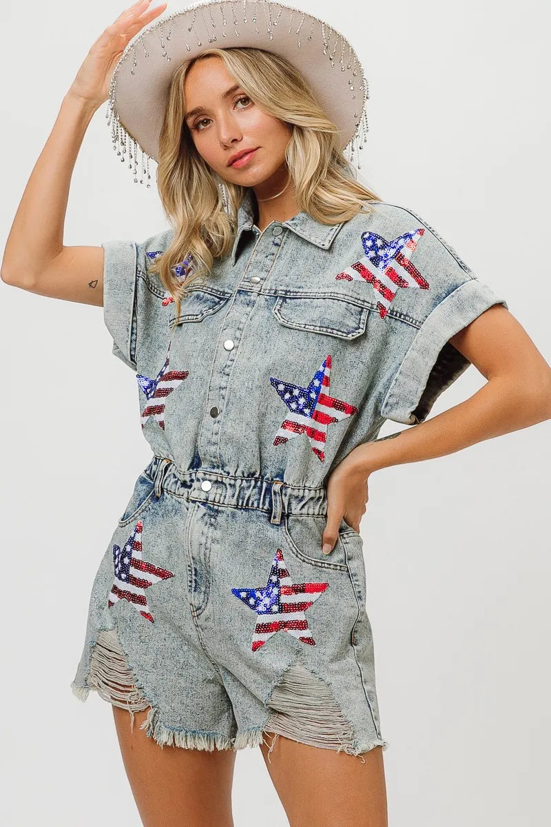 BiBi American Flag Washed Denim Romper