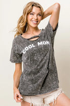 BiBi Black Charcoal Washed Laser Cut Detail Cool Mom Print Top BLACK CHARCOAL