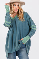 SAGE + FIG Teal Mineral Washed Side Slit Contrast Top Shirts & Tops