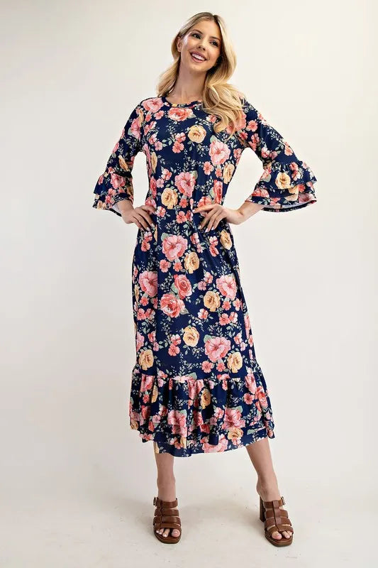 Celeste Soft Navy Floral Ruffle Trim Dress