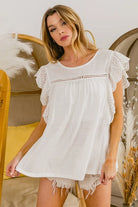 BiBi Ivory Ruffled Woven Short Sleeve Blouse