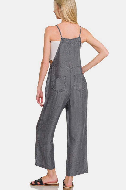 Zenana Washed Adjustable Strap Wide Leg Denim Overalls in Black Jumpsuit & Rompers