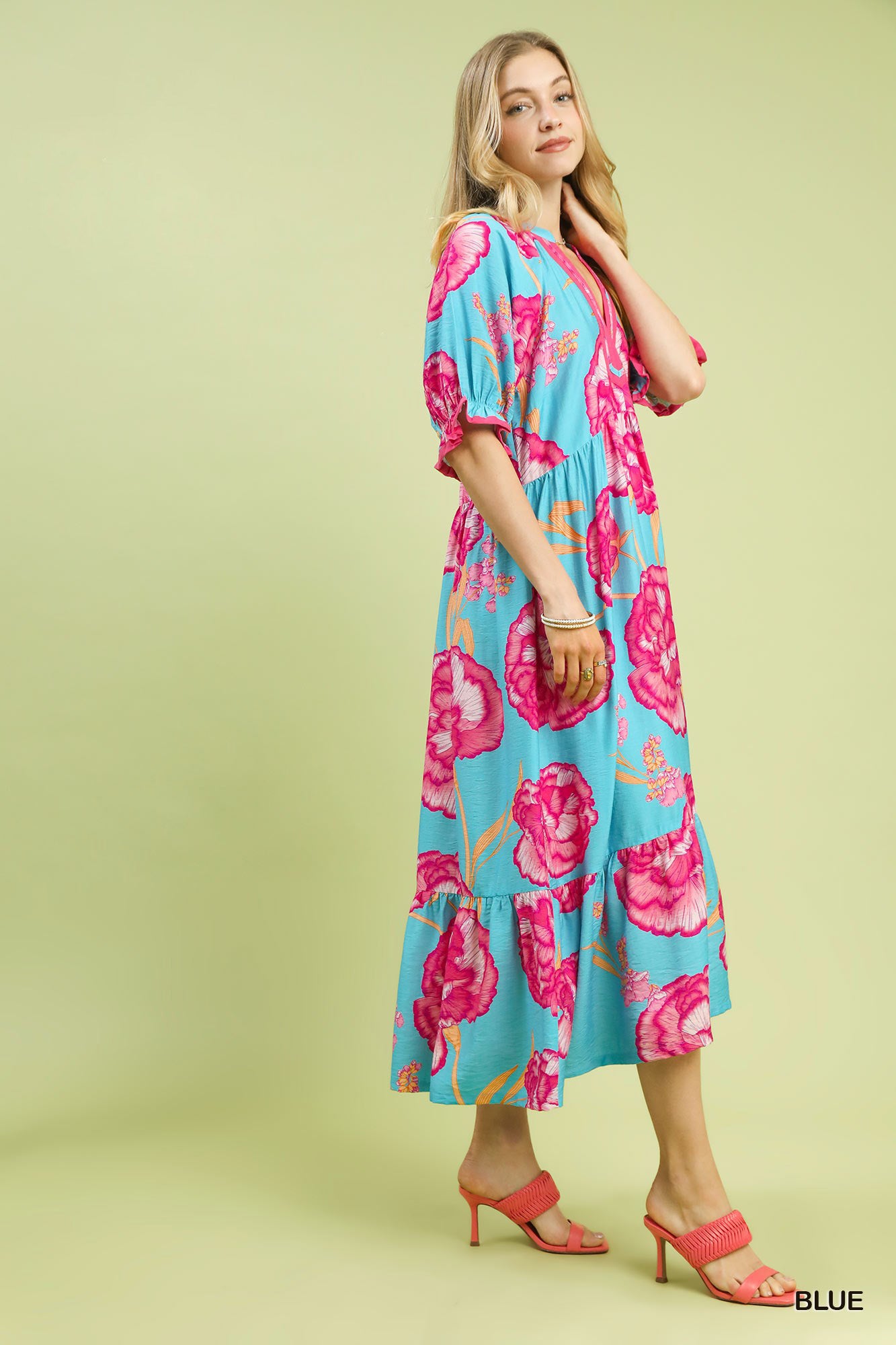Umgee Blue Floral Print Midi Dress with Contrast Trim