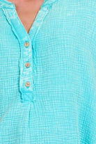 Zenana Mint Sky Washed Double Gauze 3/4 Button Henley Neck Shirt