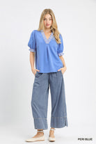 Umgee Peri Blue French Terry Ruffle Trim Puff Sleeve Top