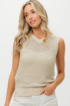 BiBi Oatmeal Knitted Beaded Pearl V Neck Sleveless Sweater Top