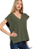 Zenana Dark Olive Ribbed Slit V-Neck Sweater Vest