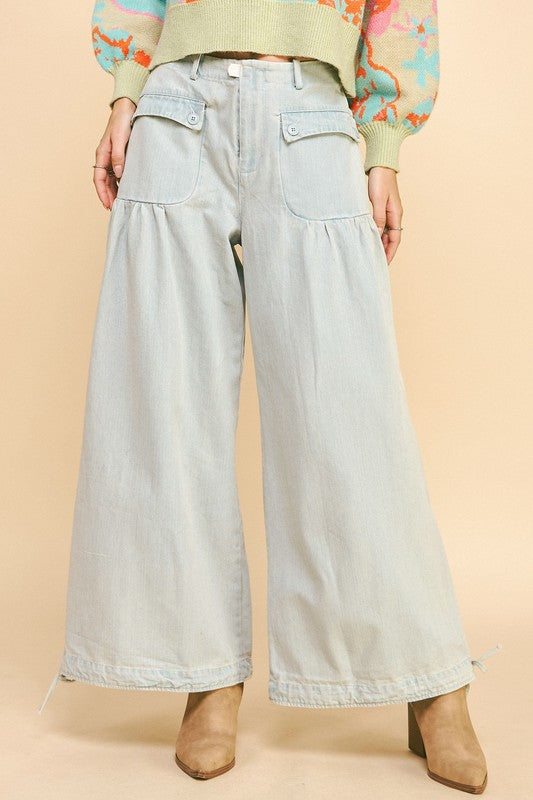 Davi & Dani Drawstring Hem Wide Leg Mid Rise Jeans Light Denim