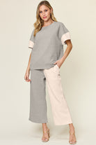 Double Take: 4 Colors: Quilted Textured Contrast Top and Wide Leg Pants Set Light Gray Loungewear Set