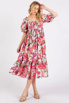 Mittoshop Flower Print Puff Sleeve Ruffle Smocked Midi Dress FUCHSIA