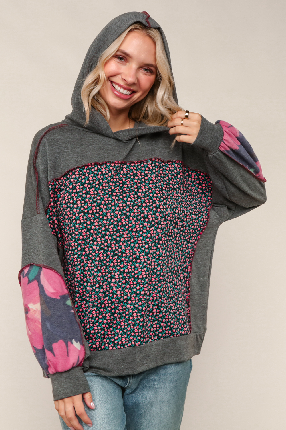 Haptics Charcoal Floral Color Block French Terry Hoodie