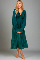 Haptics Elegant Hunter Green Elastic V Neck Tiered Satin Maxi Dress Haptics