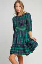 Umgee Ribbon Print Frill Contrast Velvet Trim Half Sleeve Dress in Navy Navy