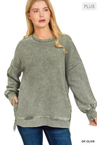 Zenana Dark Olive Acid Washed Double Ribbed Hi-low Sweatshirt