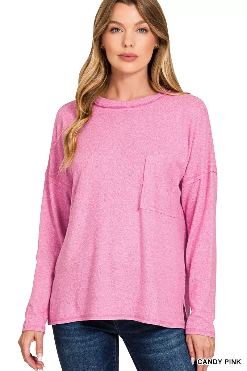 Zenana Soft Melange Hacci Round-Neck Long Sleeve T-Shirt CANDY PINK