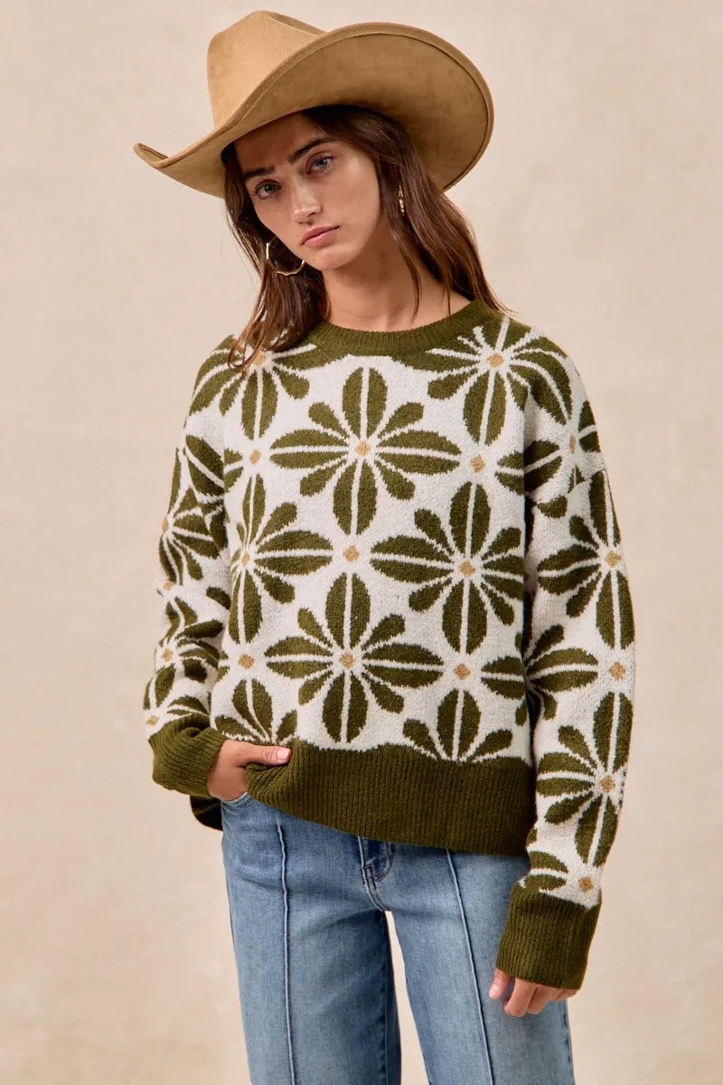 BiBi Olive & Ivory Flower Pattern Long Sleeve Sweater