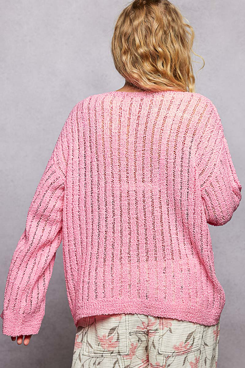 POL Barbie Pink Round Neck Long Sleeve Open Weave Sweater