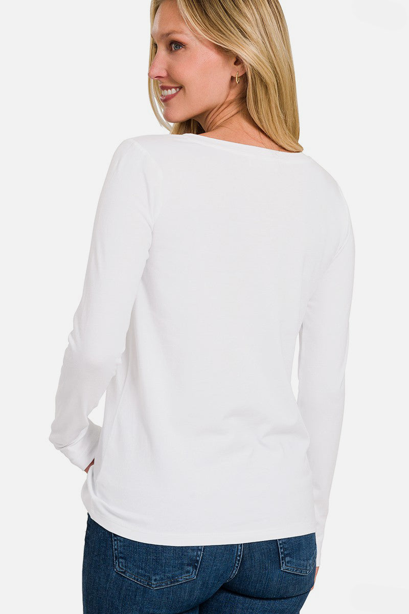 Zenana White V-Neck Long Sleeve T-Shirt Shirts & Tops