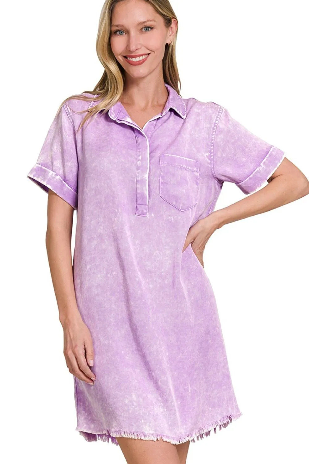Zenana Bright Lavender Tencel Mineral Washed Collared Shirt Dress B LAVENDER