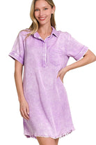 Zenana Bright Lavender Tencel Mineral Washed Collared Shirt Dress B LAVENDER