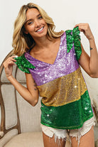 BiBi Mardi Gras Sequin Color Block Ruffled Top