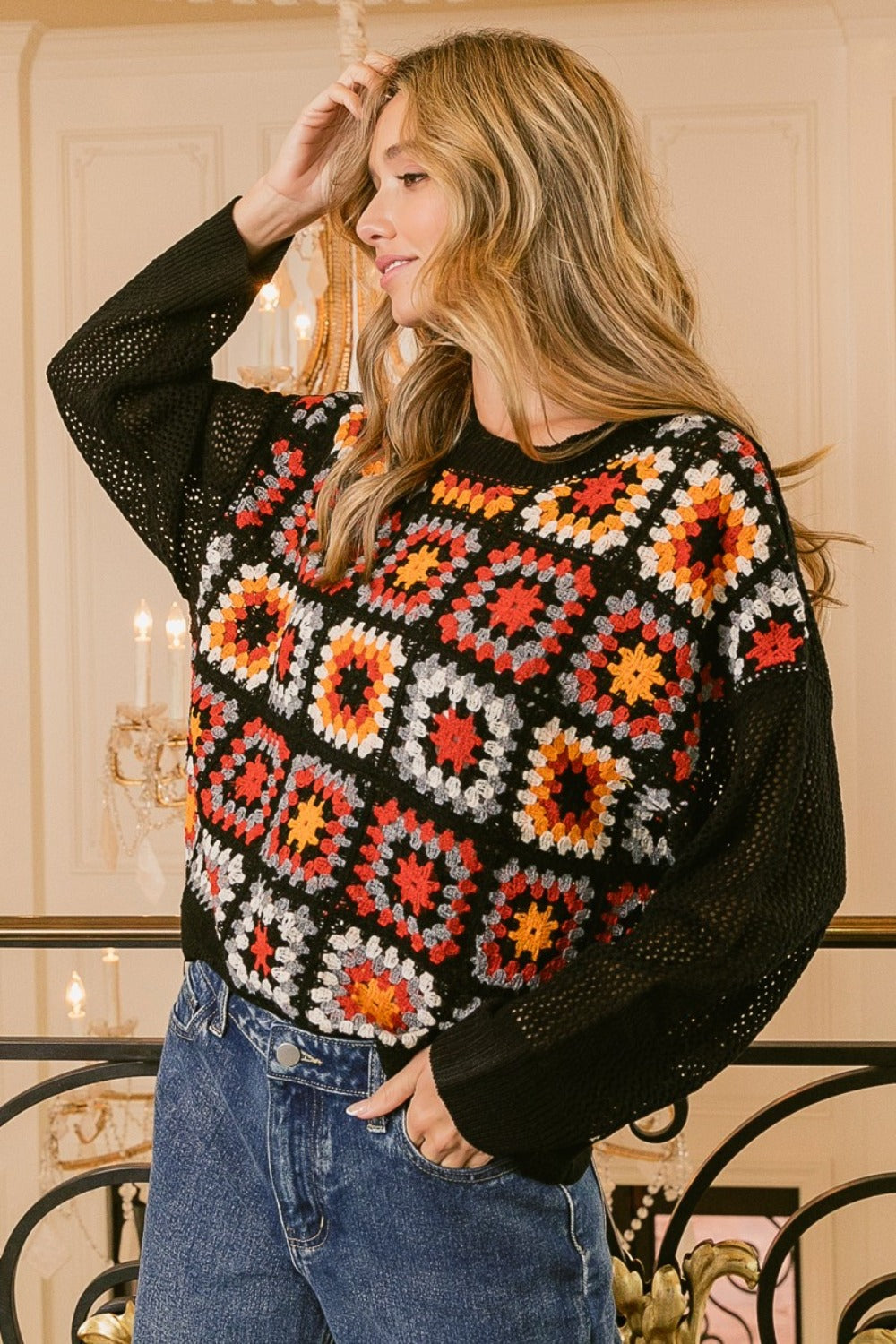 BiBi Black Multi Color Granny Square Front Long Sleeve Top Trendsi