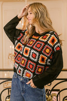 BiBi Black Multi Color Granny Square Front Long Sleeve Top