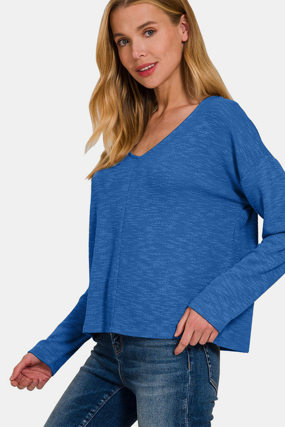 Zenana Classic Blue Dropped Shoulder Long Sleeve Top Trendsi