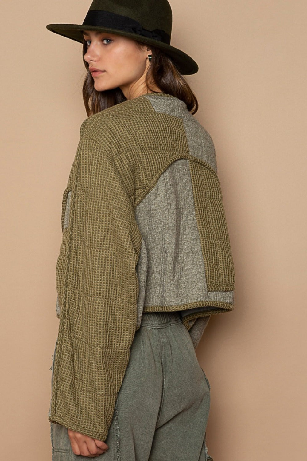 POL Olive Quilted Knit Viding Detail Knit Patch Jacket Trendsi