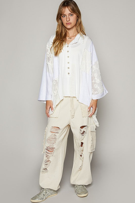 POL White Crochet Patchwork Frayed Edge Half Button Knit Top Shirts & Tops