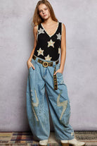 POL Black Washed Ribbed V-Neck Tank with Floral Print Star Patch