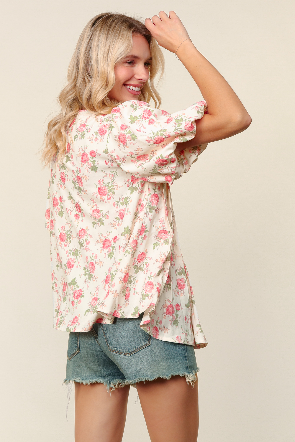 Haptics Pleated Ribbon Floral Bubble Short Sleeve Top