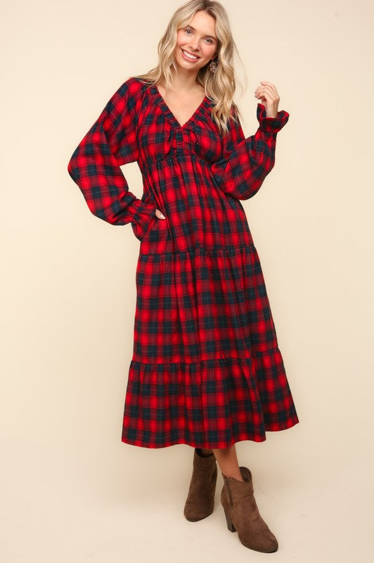 Haptics Holiday Red Plaid Elastic V Neck Tiered Maxi Dress Haptics